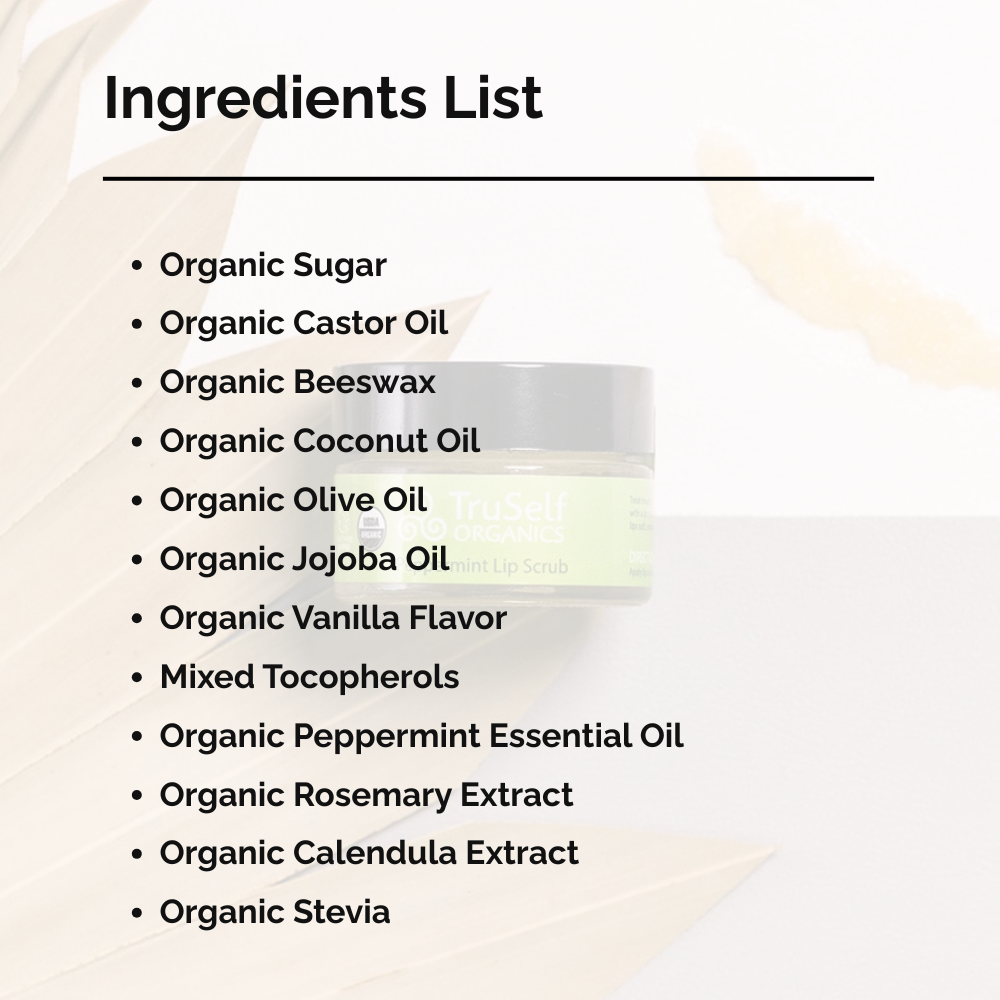 Ingredients list for TruSelf ORGANICS peppermint lip scrub, including organic sugar and oils.