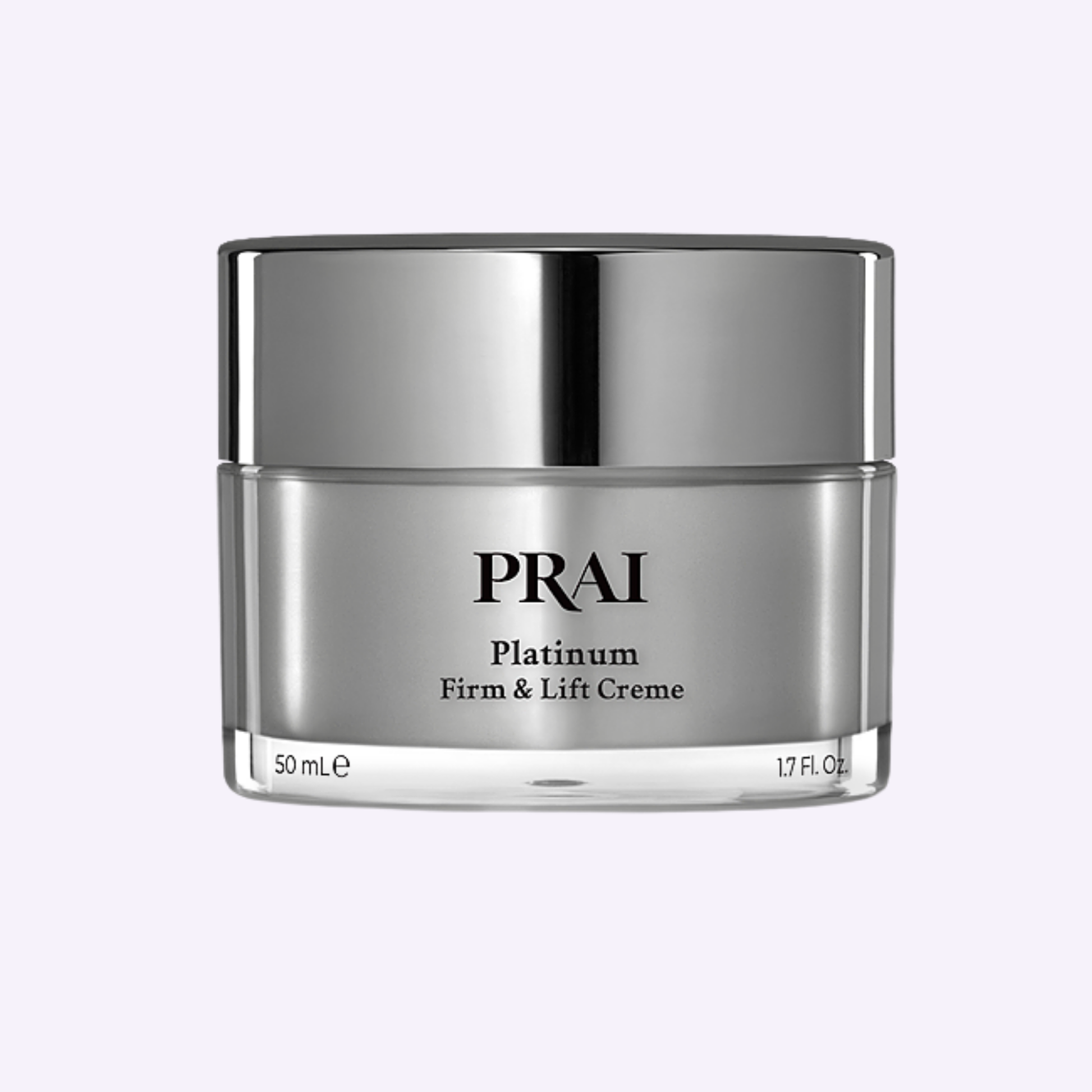 PRAI Platinum Firm & Lift Crème in silver glass jar with black lid, 50 mL