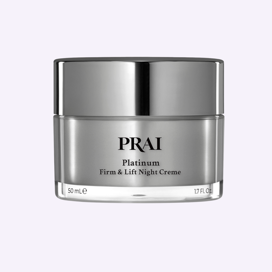 Night crème jar, silver container with PRai Platinum Firm & Lift Night Crème label