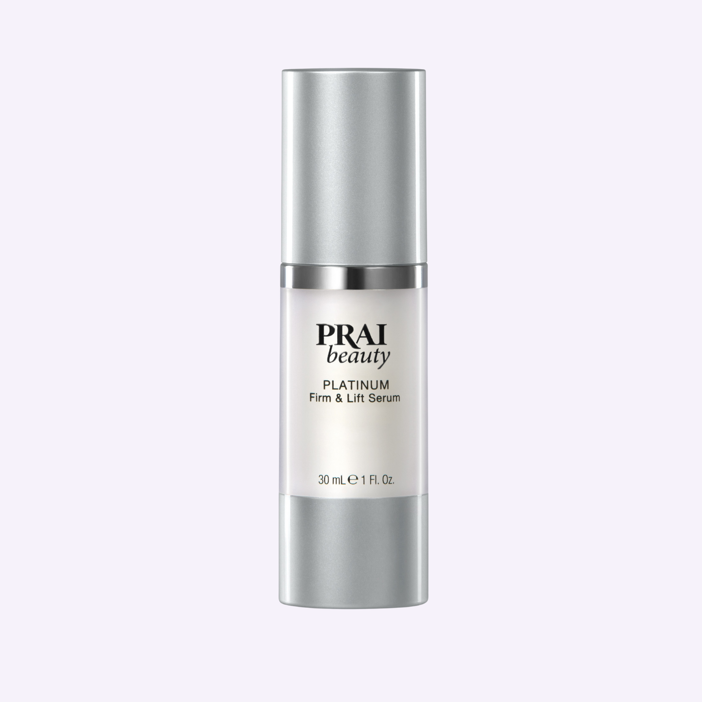 Serum bottle with silver cap and PRAI beauty Platinum Firm & Lift Serum label, 30 mL