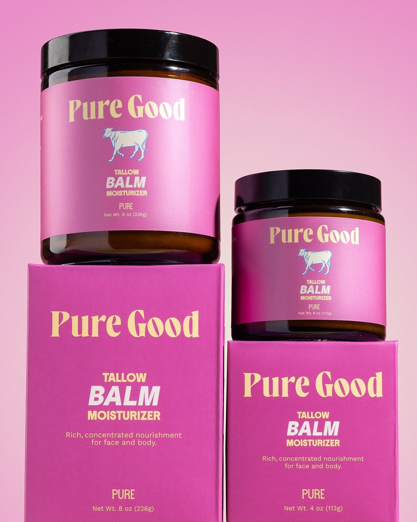 Tallow balm jars and box set, pink labels, black lids