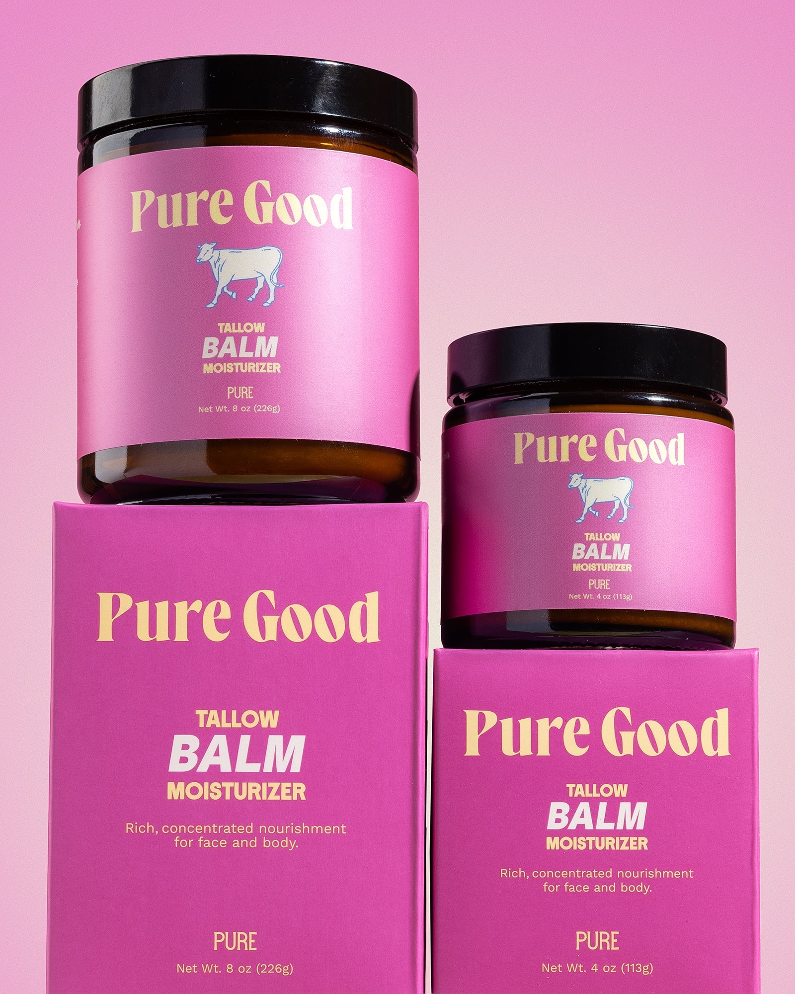Tallow balm jars and box set, pink labels, black lids