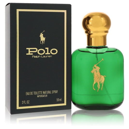 Men's Polo cologne set with green glass bottle and gold cap beside black box