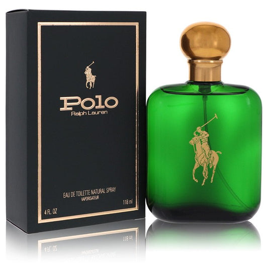 Men's Polo cologne with green bottle, gold cap, and black box labeled 4 fl oz