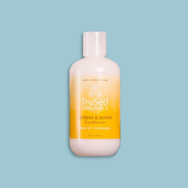 Refresh & Renew Conditioner bottle, cream bottle with yellow band label, TruSelf ORGANICS