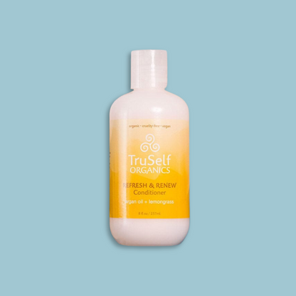 Refresh & Renew Conditioner bottle, cream bottle with yellow band label, TruSelf ORGANICS