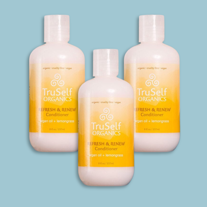 TruSelf ORGANICS Refresh & Renew Conditioner trio bottles, cream with yellow labels