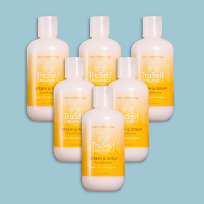 TruSelf ORGANICS Refresh & Renew Conditioner 5-pack bottles, cream with yellow labels