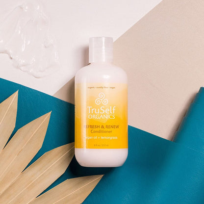 Refresh & Renew Conditioner bottle, cream with yellow label, TruSelf ORGANICS
