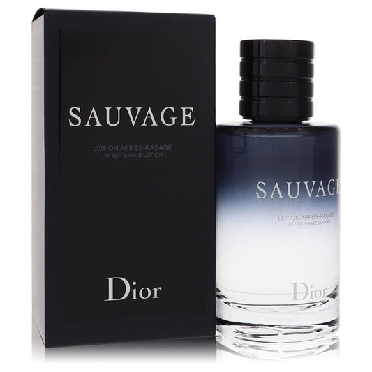 Men's after shave lotion bottle with black cap and Sauvage Dior box, 3.4 oz