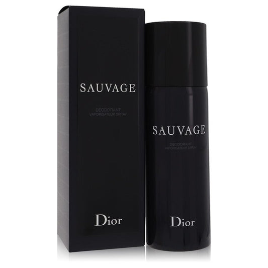 Men's deodorant spray bottle and box, black with SAUVAGE and Dior text