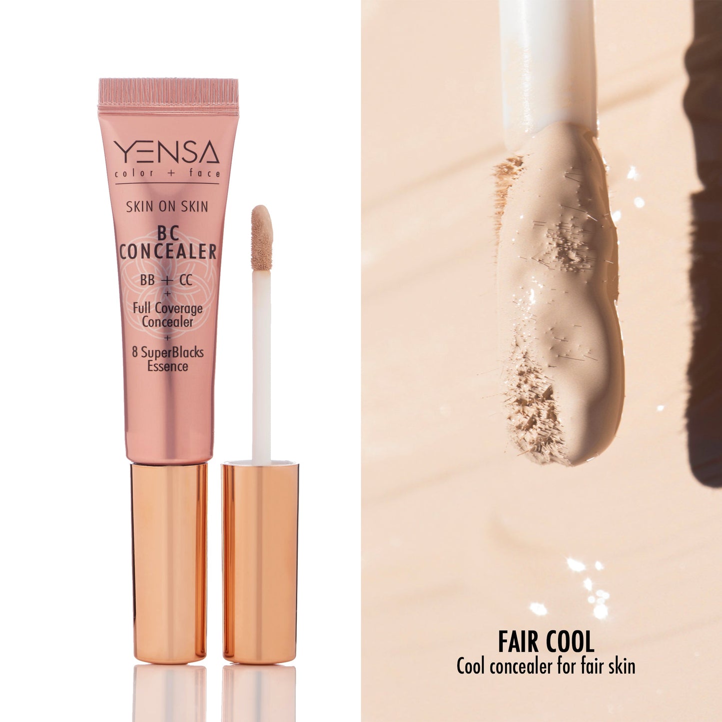 Concealer serum tube with wand applicator and face swatch for fair skin tone