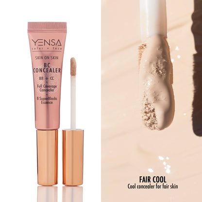 Concealer serum tube with wand applicator and face swatch for fair skin tone