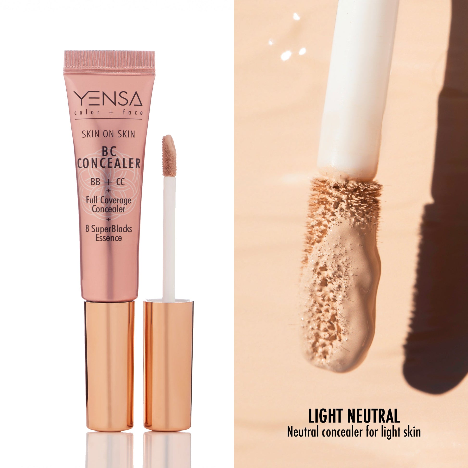 YENSA Skin on Skin BC Concealer in Light Neutral shade with tube and stick.