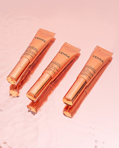 YENSA Skin On Skin BB+CC concealer serum tubes, three pack shots