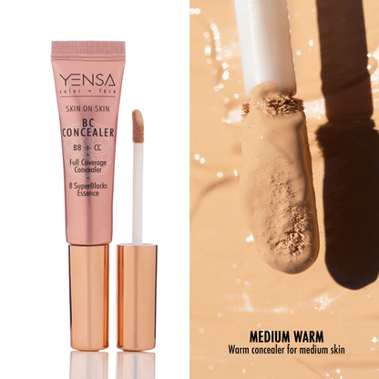 Concealer serum tube with wand applicator and swatch; full coverage face concealer