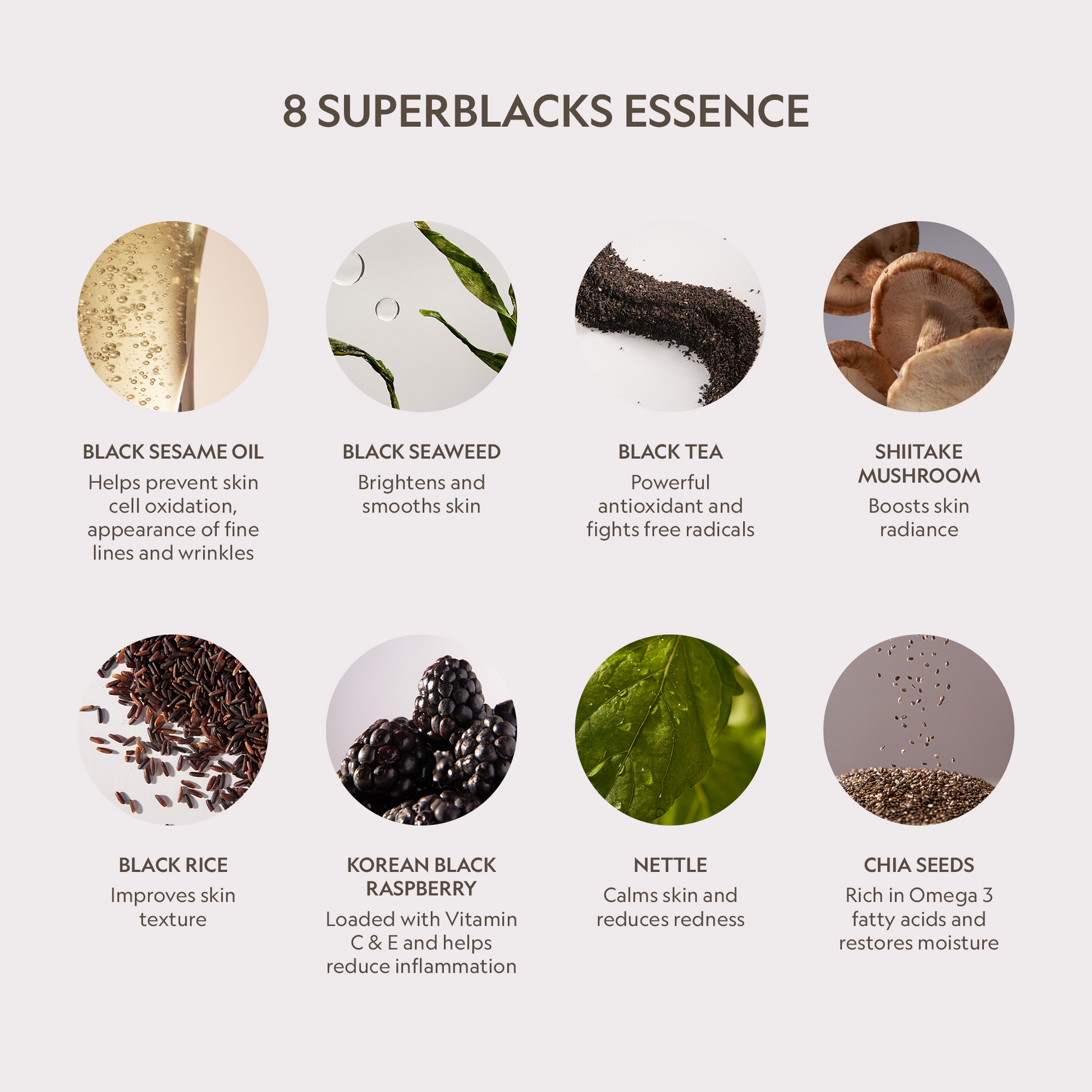 Skincare ingredient infographic for BB+CC concealer, showing eight superblacks