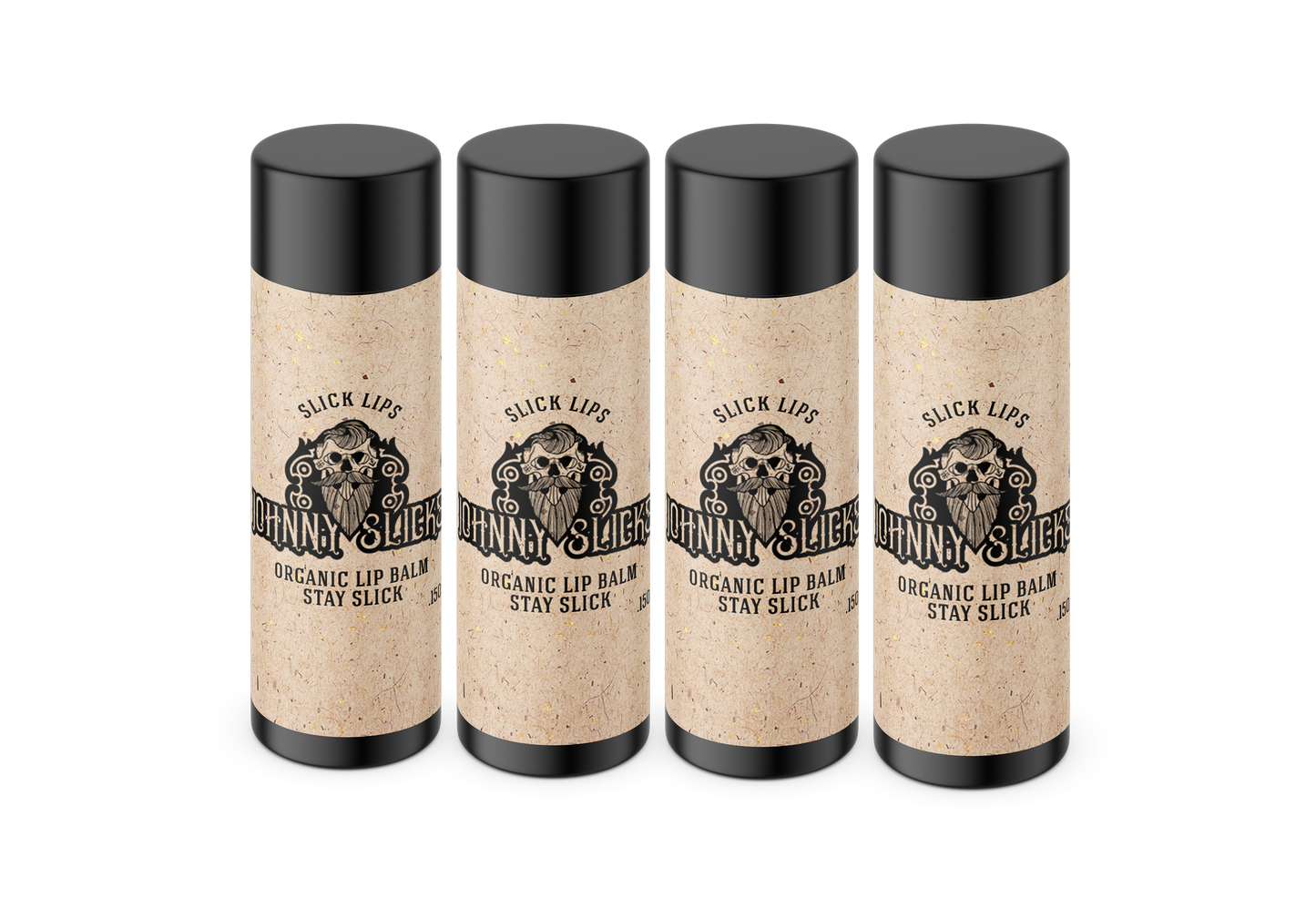 4-pack of organic lip balms with black caps, beige speckled tubes, Johnny Slicks branding.