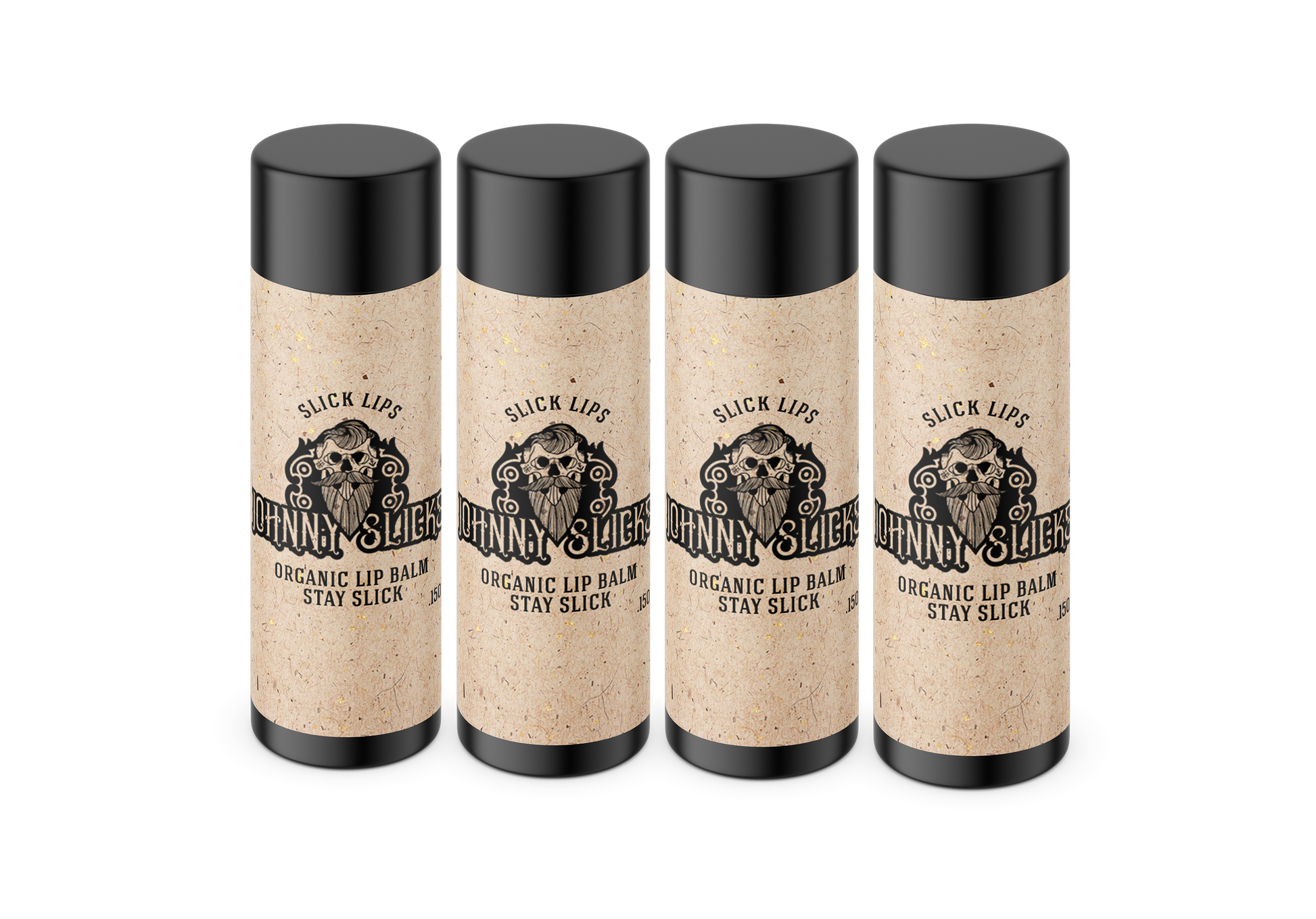 4-pack of organic lip balms with black caps, beige speckled tubes, Johnny Slicks branding.