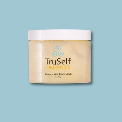 TruSelf Organics body scrub jar with white lid and beige scrub; label on front