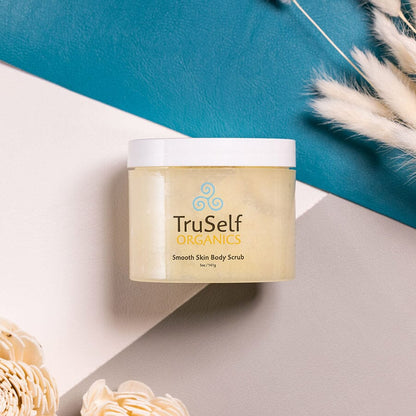 Organic body scrub jar with white lid, beige scrub inside, TruSelf Organics label