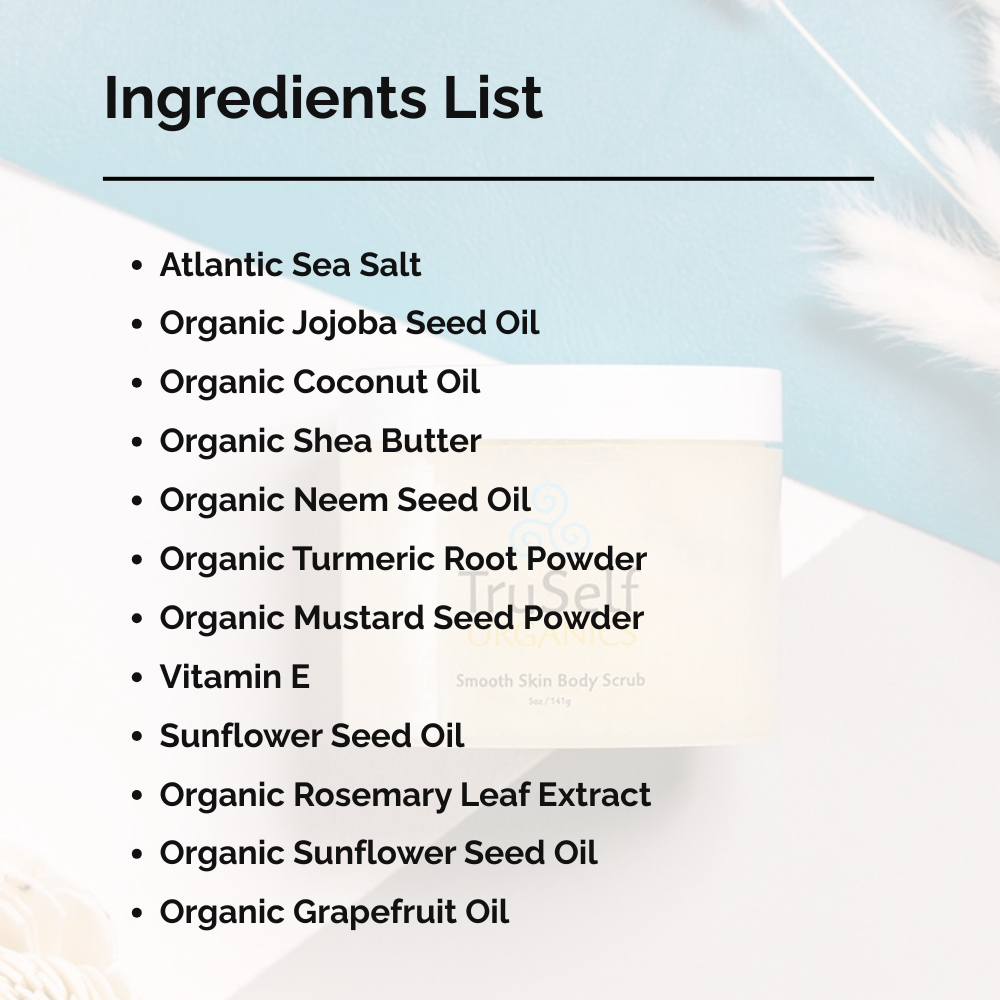 Body scrub ingredients list graphic with bullet points shown on screen