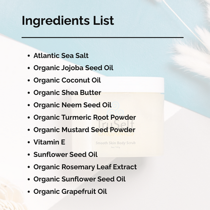 Body scrub ingredients list graphic with bullet points shown on screen