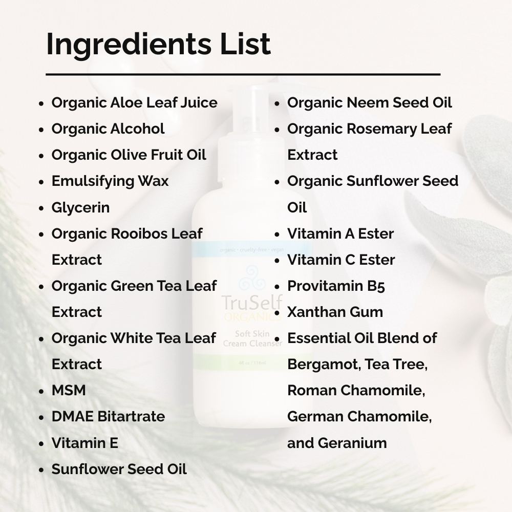 Cream cleanser ingredients list with bottle behind