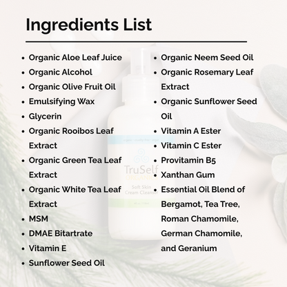 Cream cleanser ingredients list with bottle behind