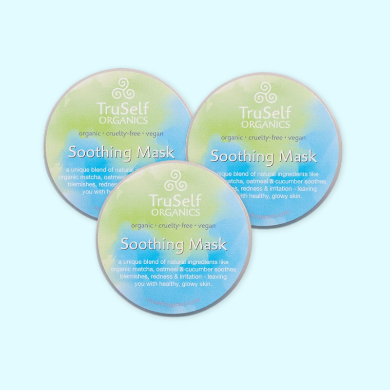 Three Soothing face mask jars with matching green-blue Soothing Mask labels