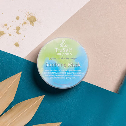 Soothing face mask jar with green-blue TruSelf ORGANICS label reading Soothing Mask