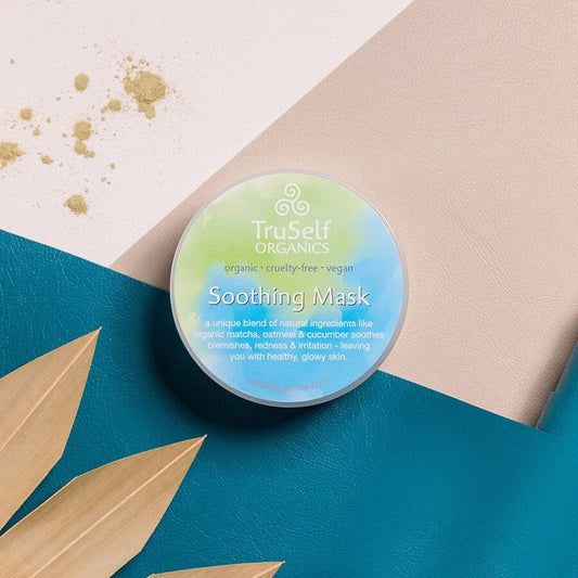 Soothing face mask jar with green-blue TruSelf ORGANICS label reading Soothing Mask