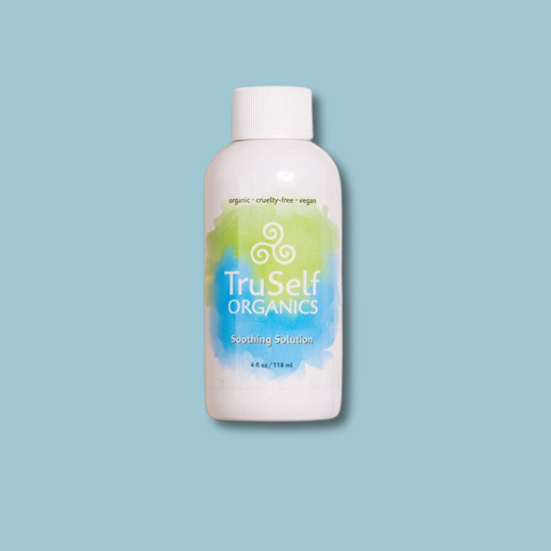 Soothing Solution bottle with white cap and green-blue swirl label, front view