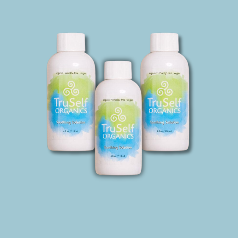 TruSelf ORGANICS Soothing Solution bottles set of three, white caps, front view