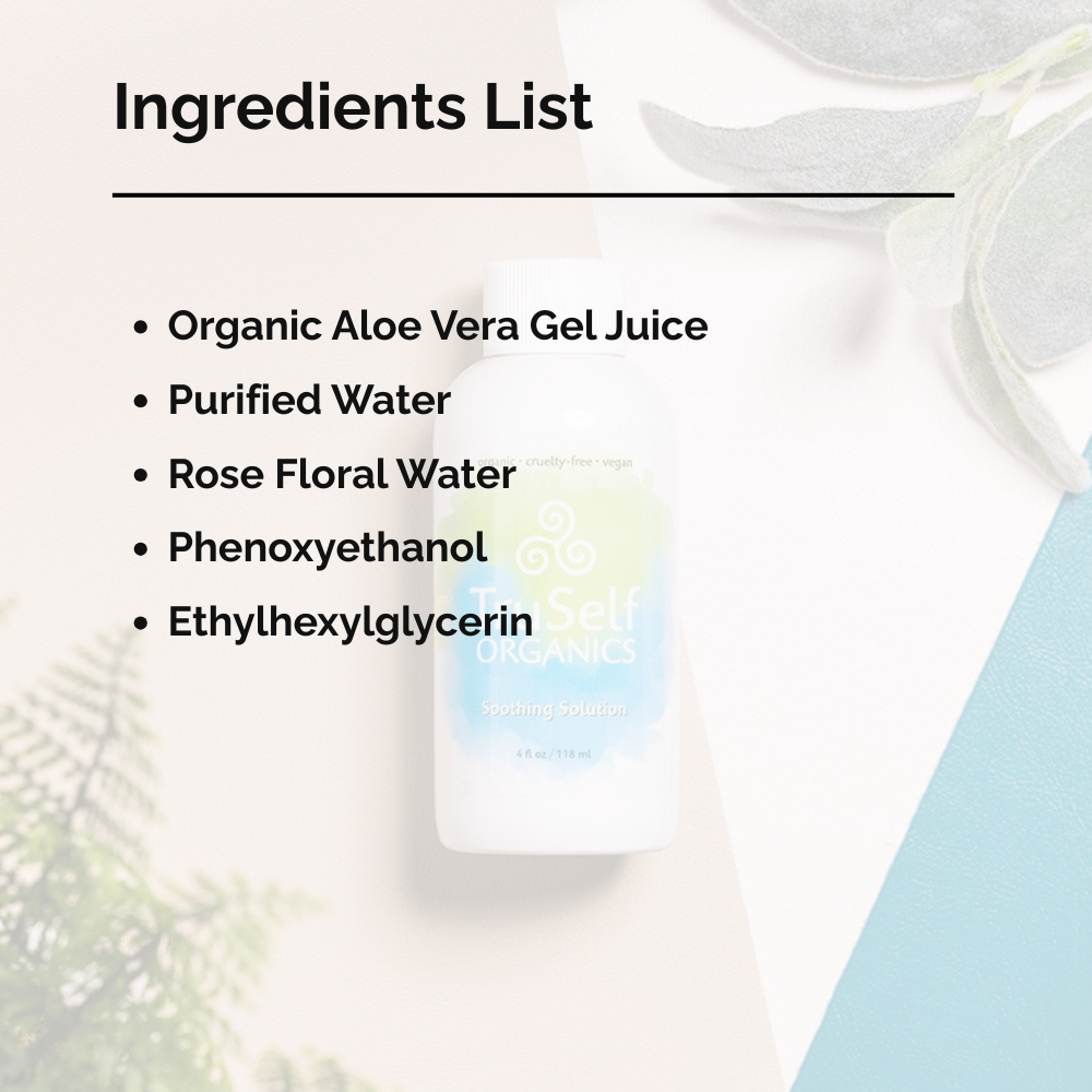 Soothing Solution bottle with ingredients list text overlay, white cap, front label