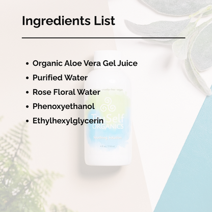Soothing Solution bottle with ingredients list text overlay, white cap, front label
