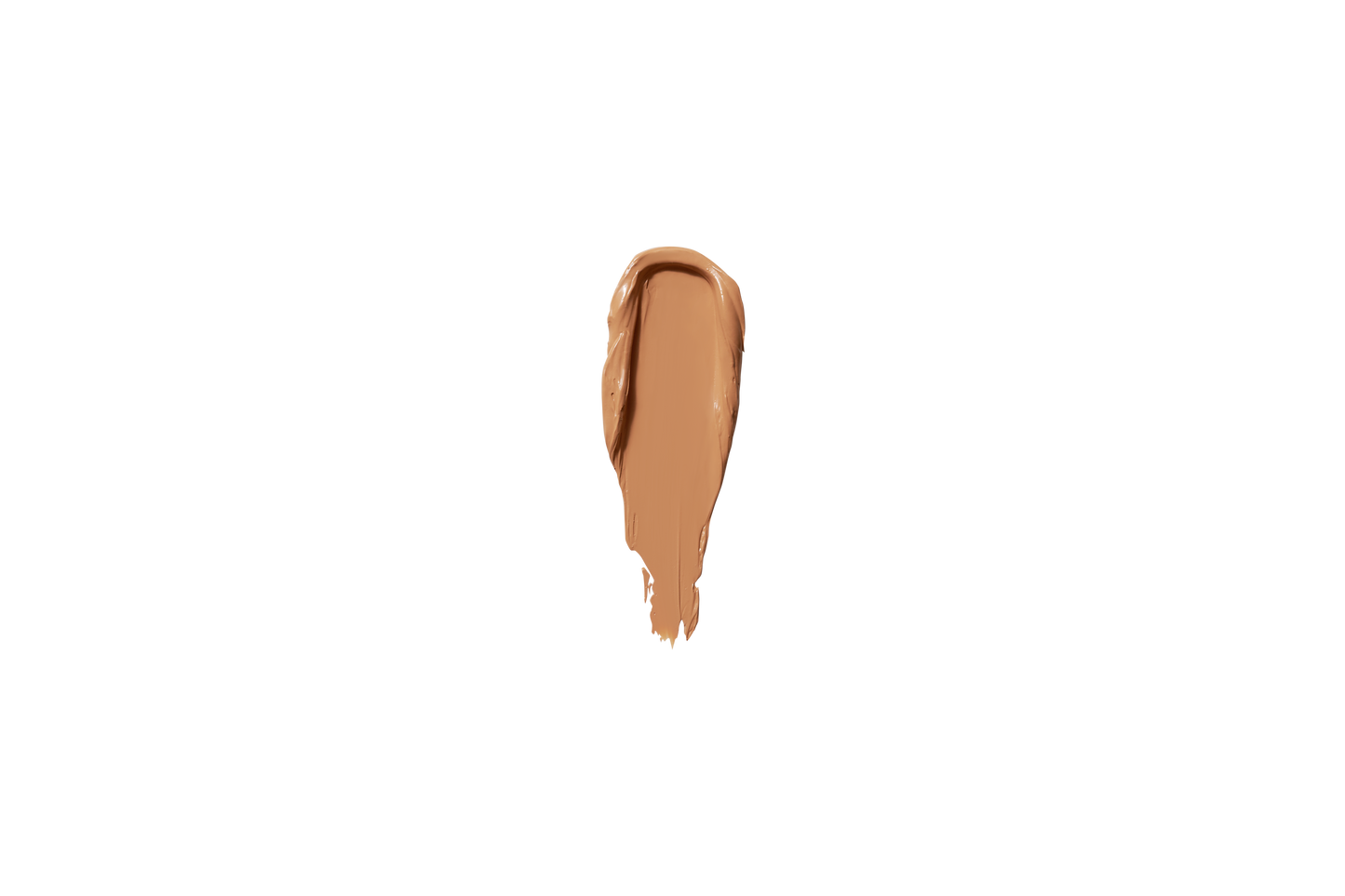 Concealer serum swatch, medium-tan liquid drop on a dark background
