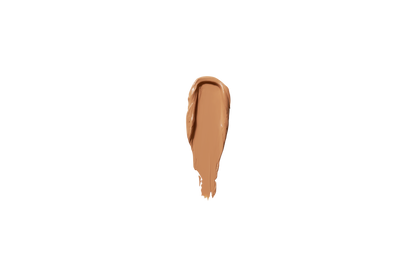 Concealer serum swatch, medium-tan liquid drop on a dark background