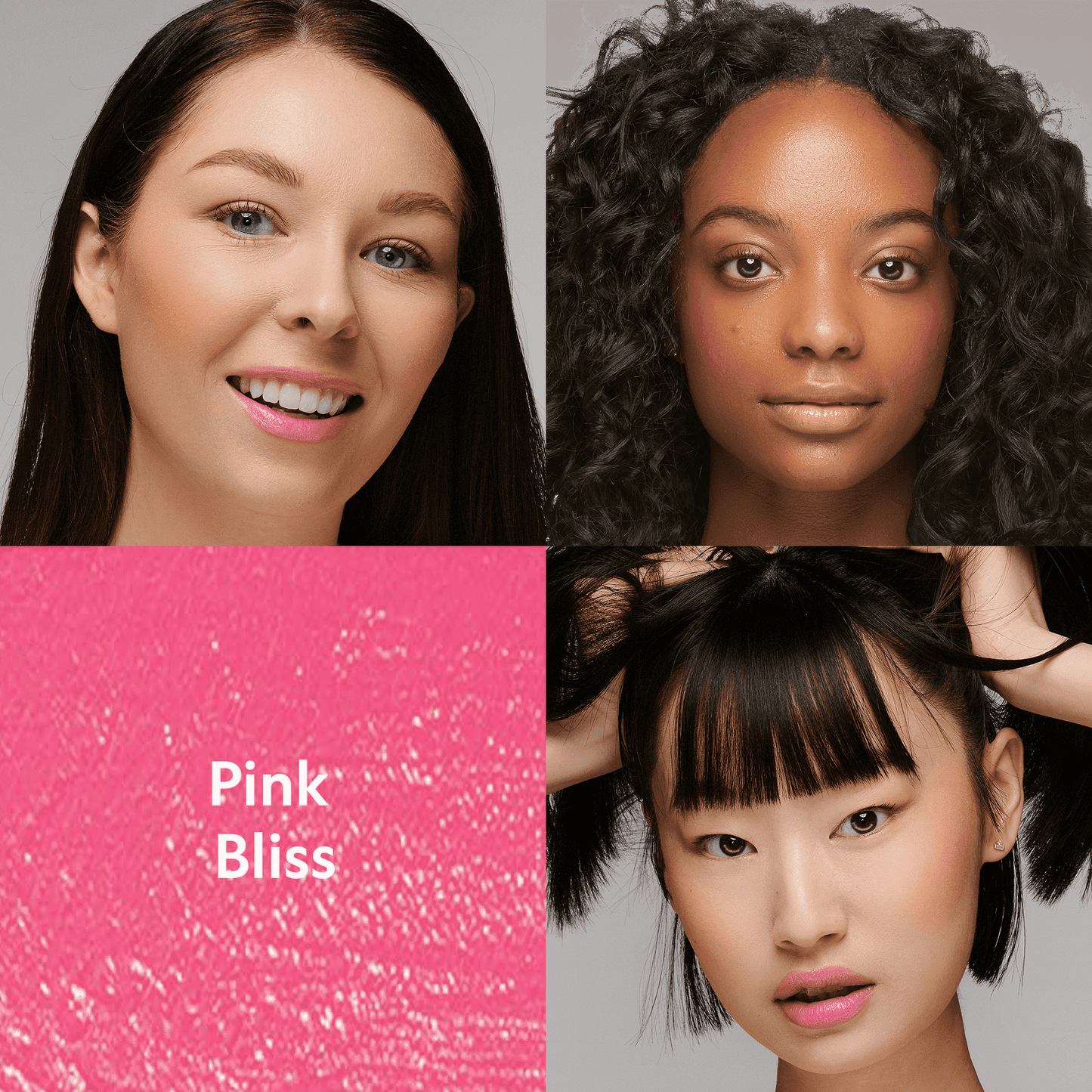 Cream blush on cheeks, pink-toned makeup on two models