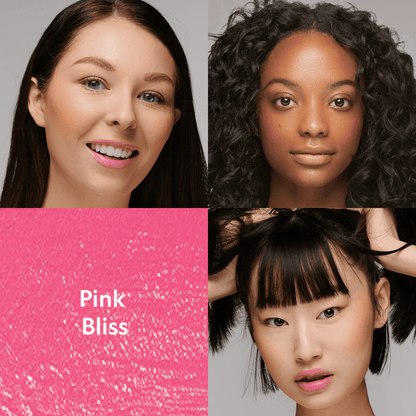 Cream blush on cheeks, pink-toned makeup on two models