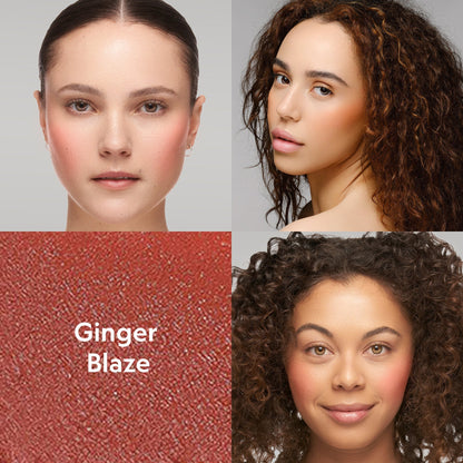 Cream blush on two faces, rosy cheek color visible on cheeks and jawline.