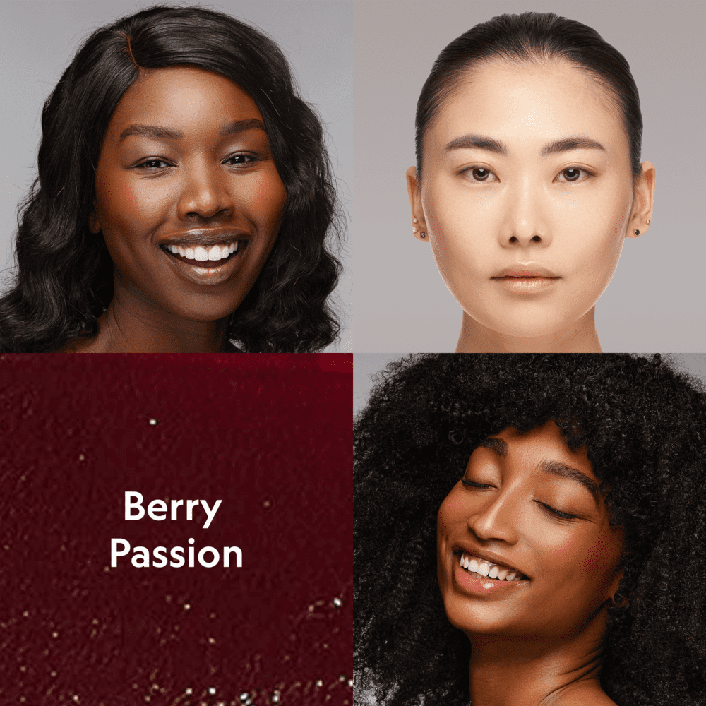 Cream blush on cheeks, berry-toned makeup on three models