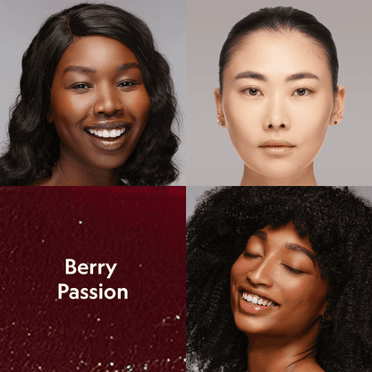 Cream blush on cheeks, berry-toned makeup on three models