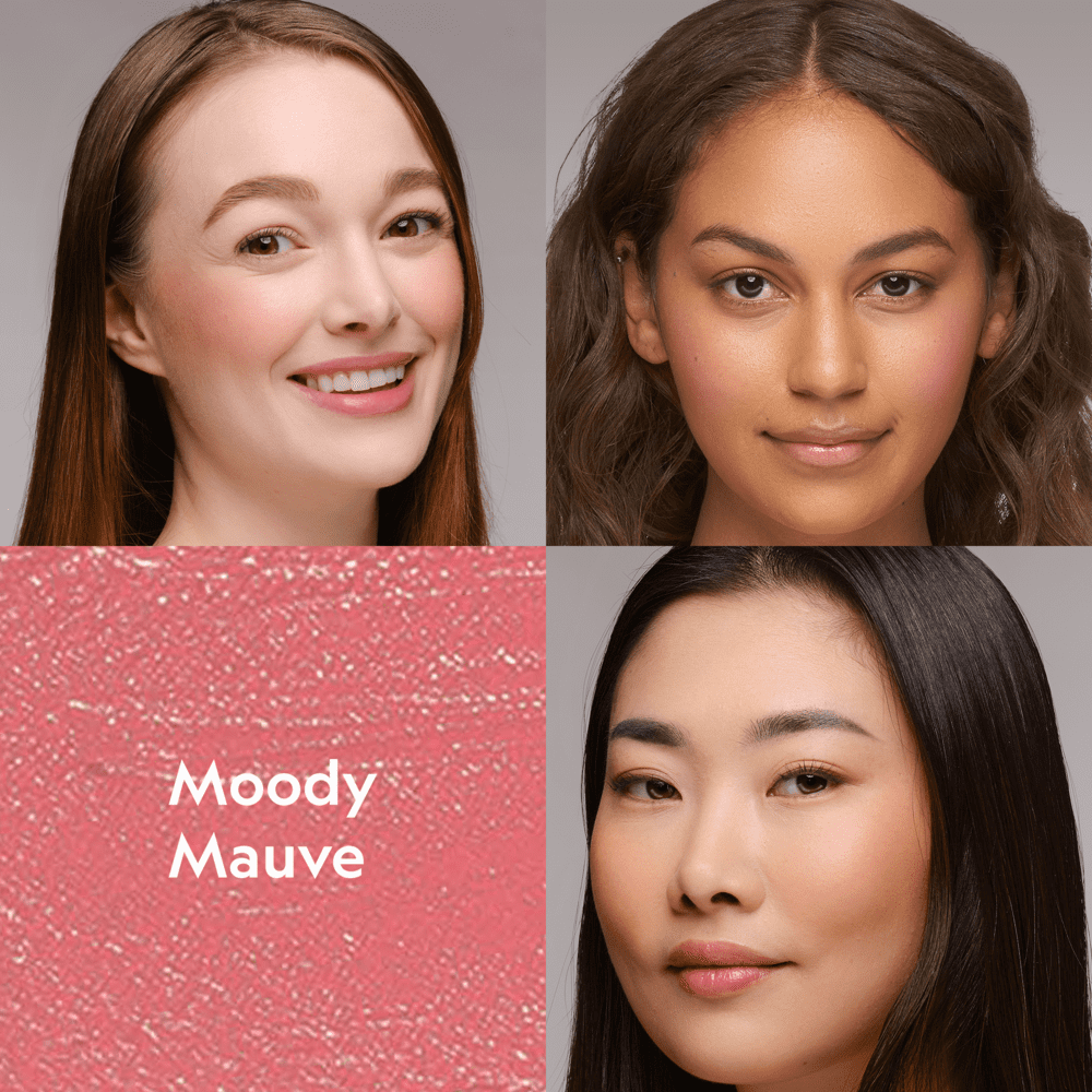 Mauve-pink blush on cheeks on two models