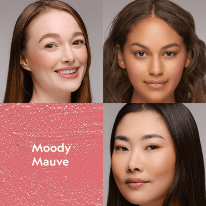 Mauve-pink blush on cheeks on two models