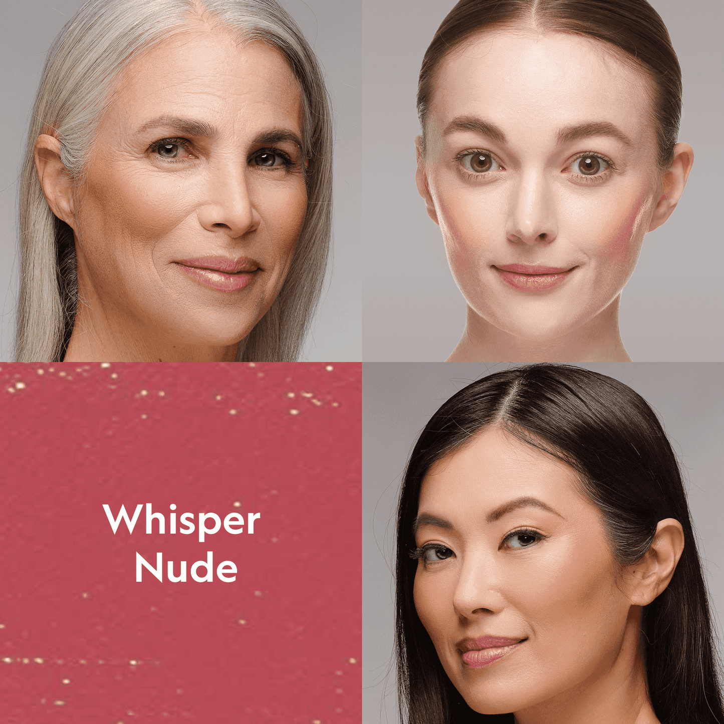 Cream blush on four faces, soft nude-pink cheek and lip-like color visible.