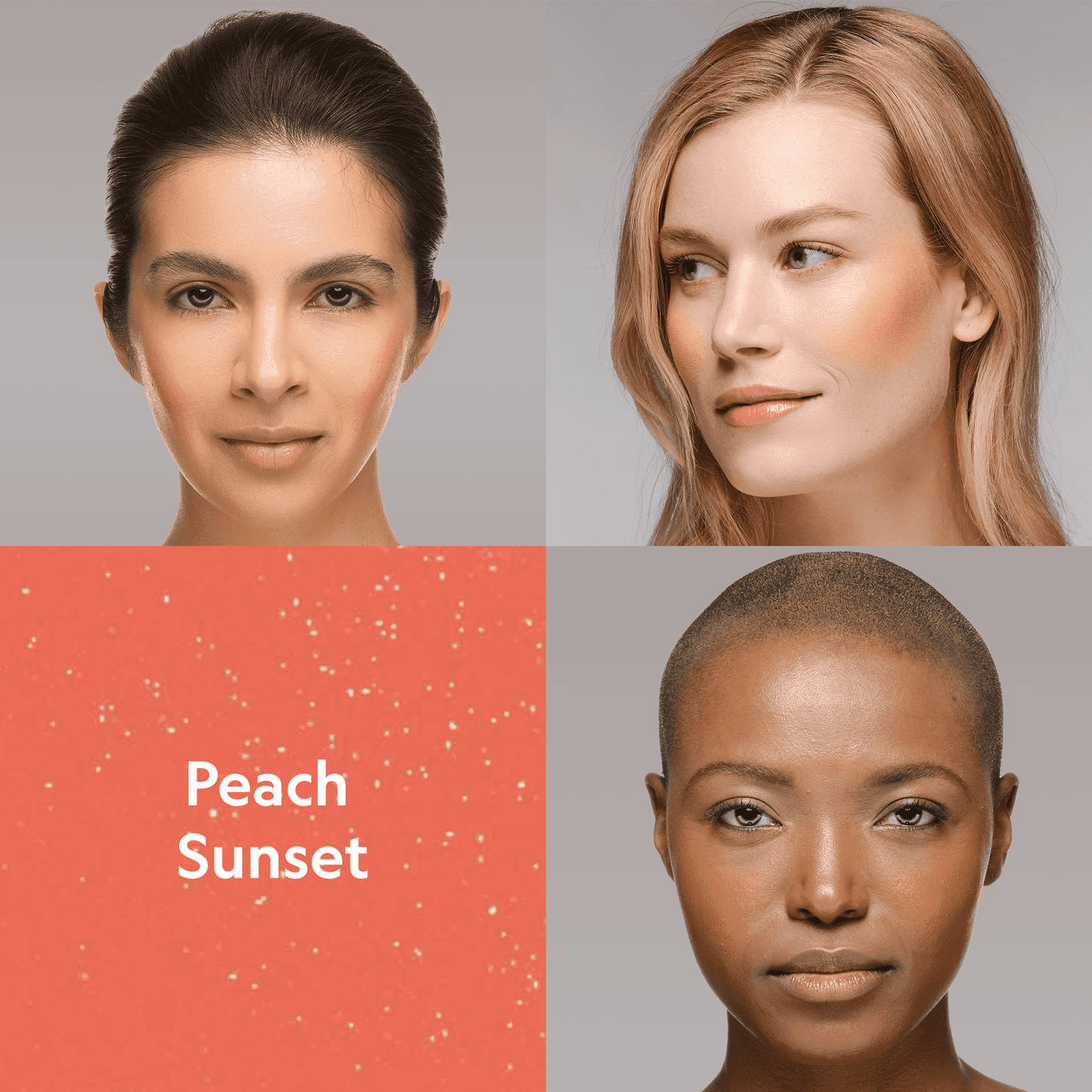 Cream blush on two models' cheeks in peachy orange tone.
