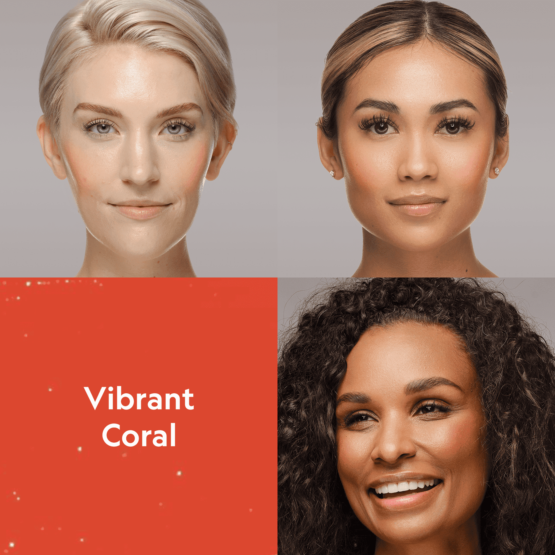 Cream blush on two models' cheeks in vivid coral tone.