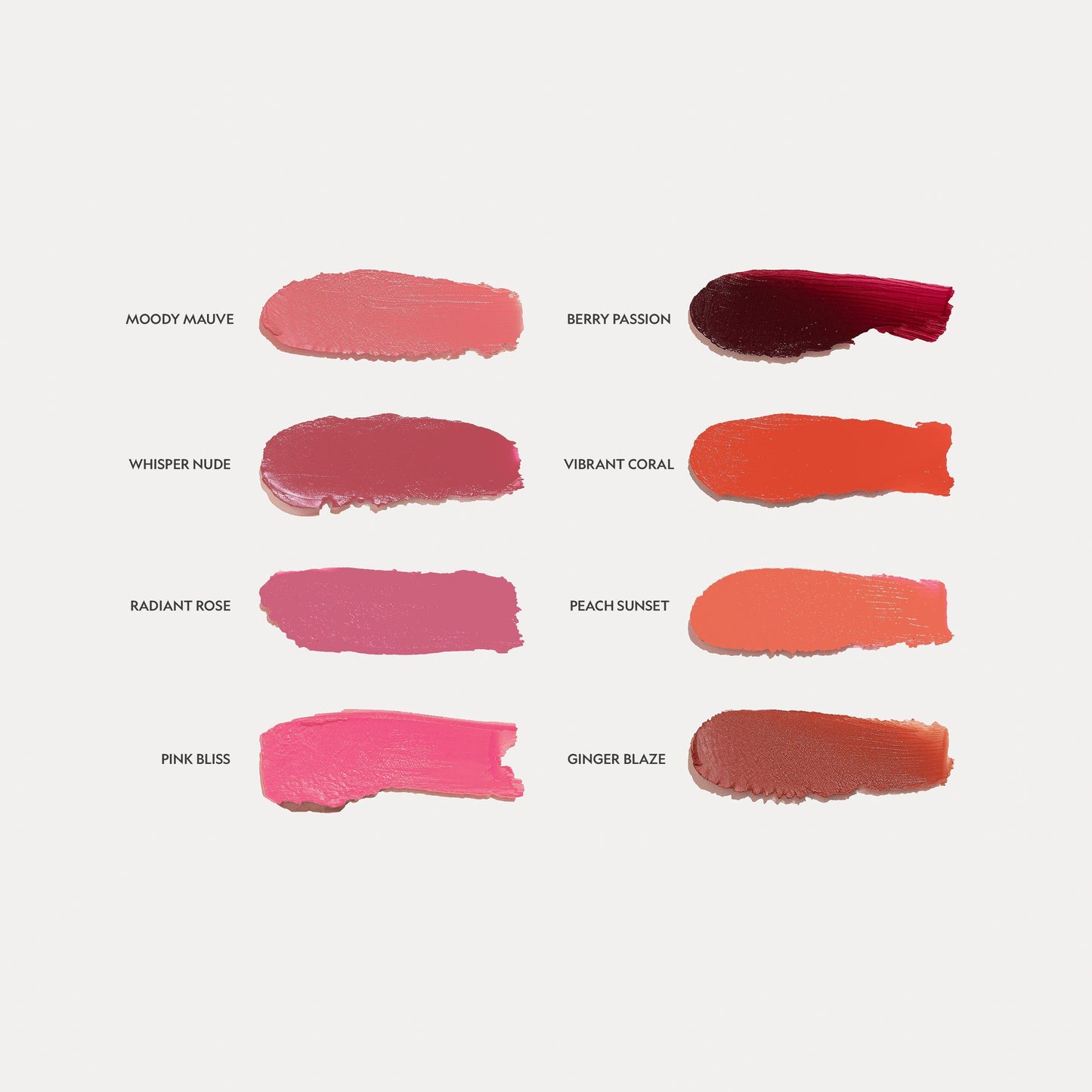 Cream blush shade swatches in mauve, nude, rose, pink, coral, berry