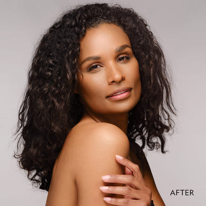 Matte powder foundation finish on model face and shoulder